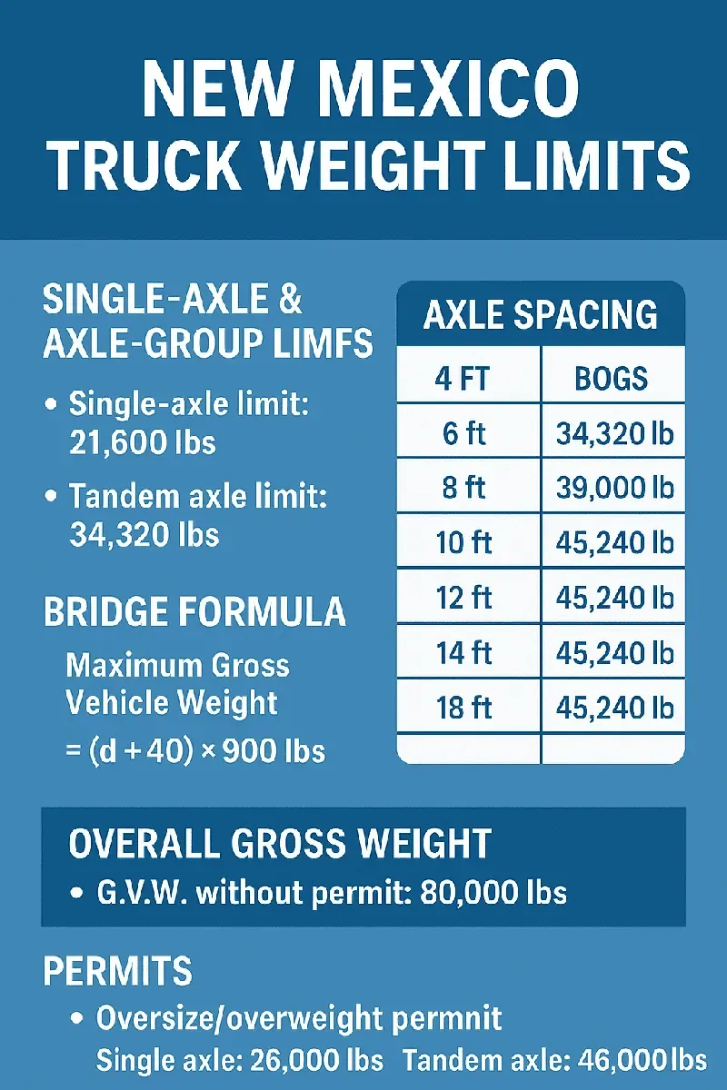 Weight limits, axle load rules, bridge formula in New Mexico trucking