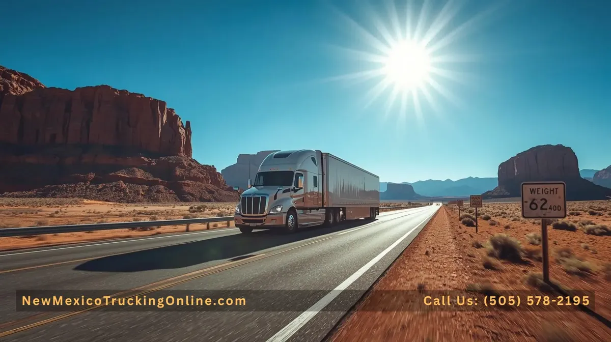 Modern semi-truck driving on a New Mexico highway with desert and red rock scenery, representing trucking compliance.