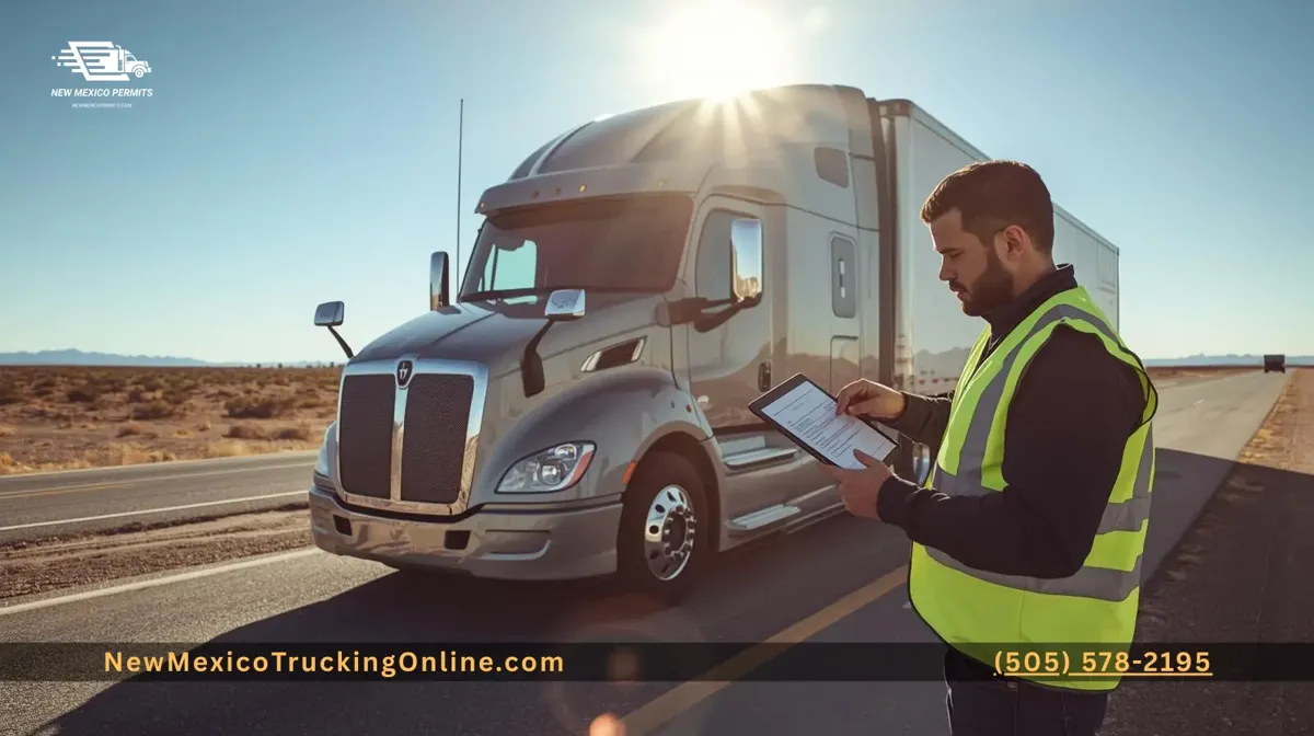 Truck driver checking permits for New Mexico weight distance tax compliance.