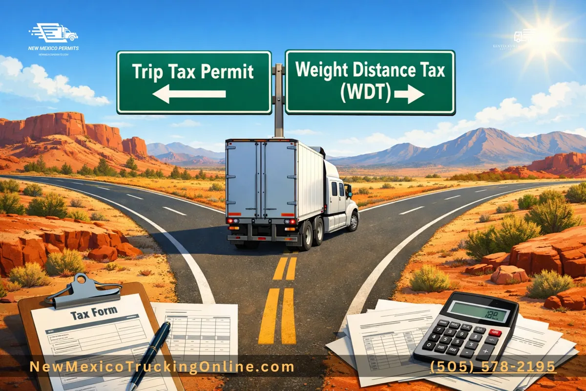 Semi-truck at a highway fork in the New Mexico desert with signs for Trip Tax Permit and Weight Distance Tax (WDT).