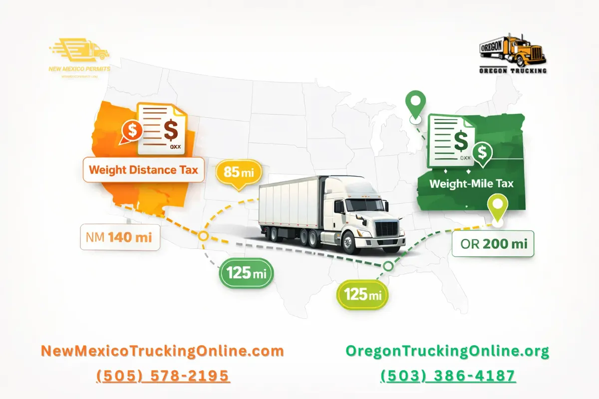 Truck traveling between New Mexico and Oregon illustrating Weight Distance Tax vs Weight-Mile Tax.