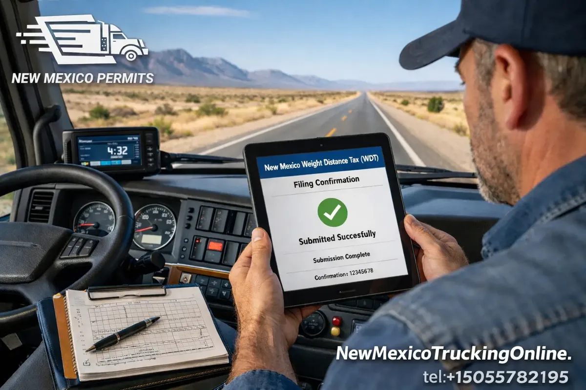 Truck driver reviewing New Mexico WDT filing on tablet.
