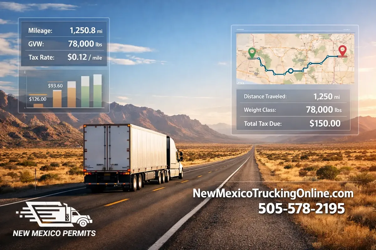 Semi-truck in NM desert with tax overlay