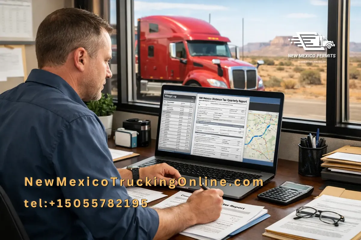 trucker reviewing WDT filing on laptop