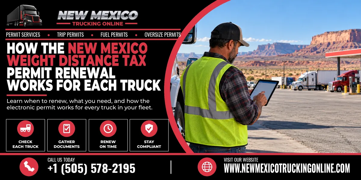Semi truck on a New Mexico highway with New Mexico Weight Distance Tax permit renewal