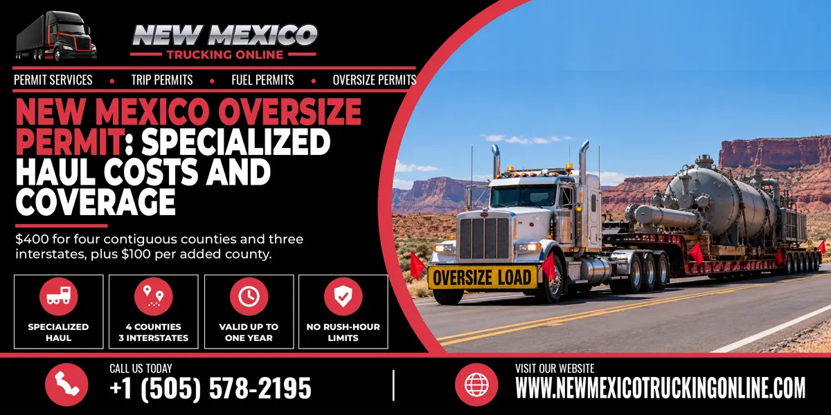 Semi truck hauling oversize oilfield equipment on a lowboy trailer along a New Mexico desert highway