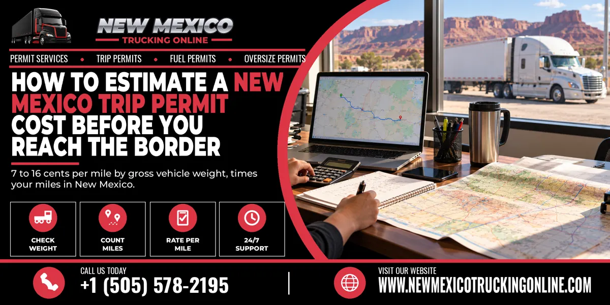 Dispatcher in an office calculating a truck trip cost with a laptop, road map and calculator