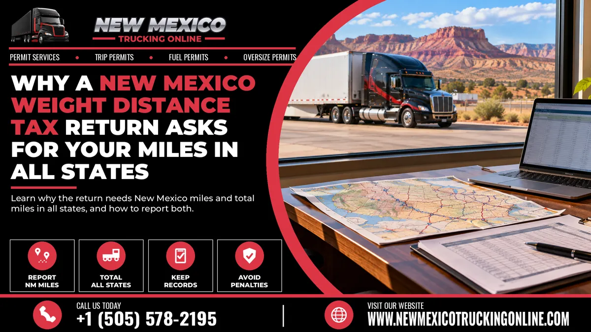 New Mexico Weight Distance Tax return with miles in all states on a trucking office desk